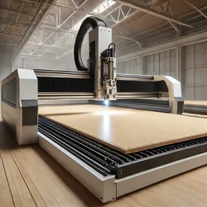 DALL·E 2025-01-21 12.58.29 — A realistic image of a modern large-format CNC laser cutting machine with a sleek, contemporary laser head design. The machine is actively cutting a t